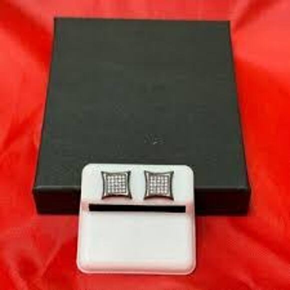 Everyday Classic Square Iced Out Earrings - 925 Silver - CZ Stones - 6mm Black - Picture 1 of 4